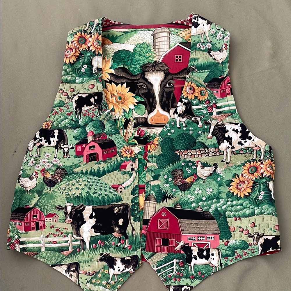 Farm Scene Cotton  Reversible VEST with Cow & Barn Print -